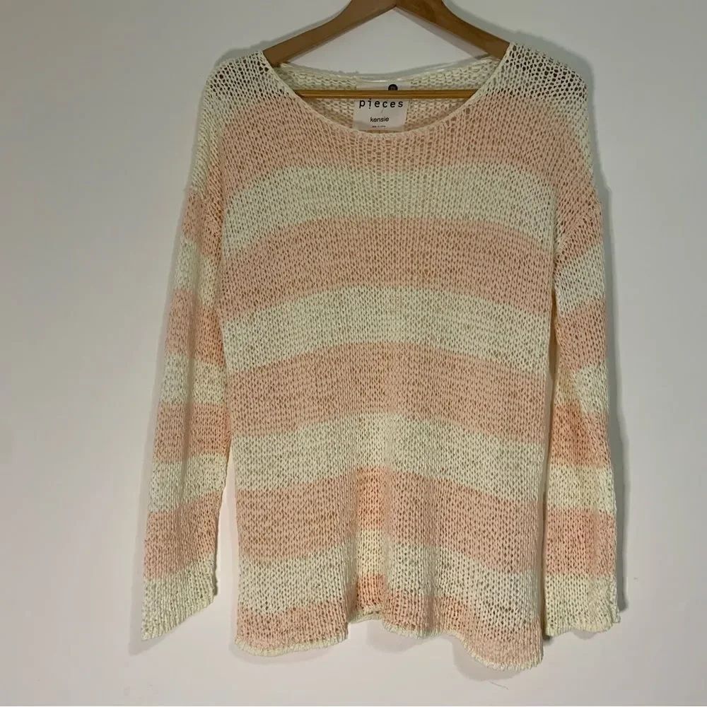 Kensie Pieces Open Knit Sweater Striped Off-white & Peach Orange Women’s Size M
